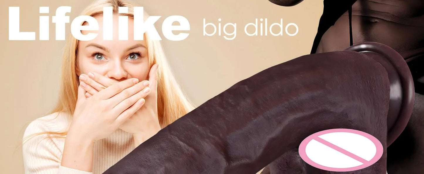 Juguete sexual de consolador negro grande simulado, consolador enorme y grueso con apariencia de piel, con consolador de silicona realista con ventosas