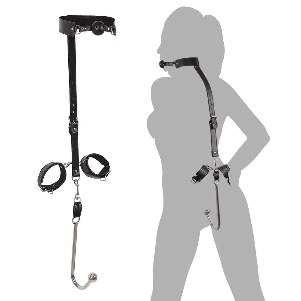 Juego de ganchos anales de cuero BDSM, posición de asistencia sexual, sujeción con gancho de metal, esposas con tapón bucal y cinturón, juguetes sexuales para adultos