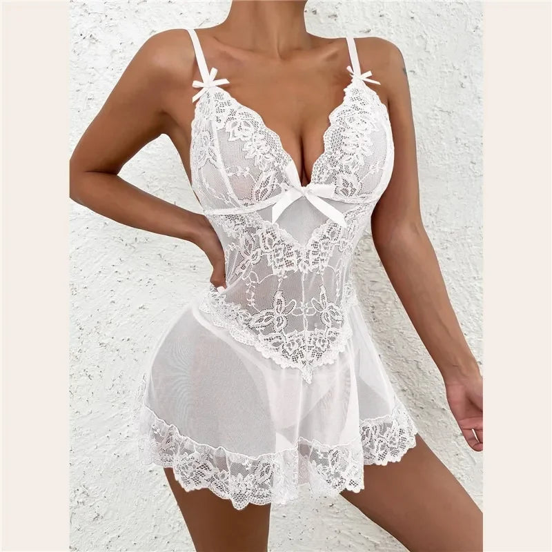 Lencería sexy para mujer, vestido transparente, vestido sin entrepierna, disfraz erótico femenino, conjunto de ropa interior sexy con escote en V profundo, camisón