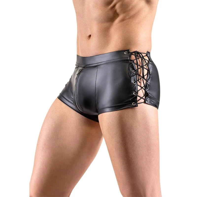 Männer Sexy Wet Look PVC Lackleder Glänzende Boxershorts Schnürung Seitlich Fetisch Shorts Hot Pants Tops Unterwäsche Dessous Outfit