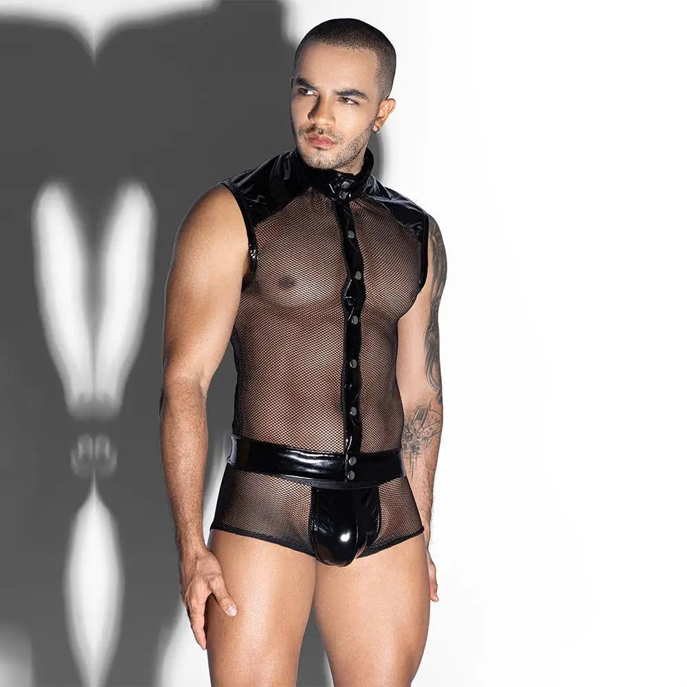 Men's Sexy Mesh See-through Lingerie Underwear Male Hormone PU Costumes Night Club Party Gay Outfit