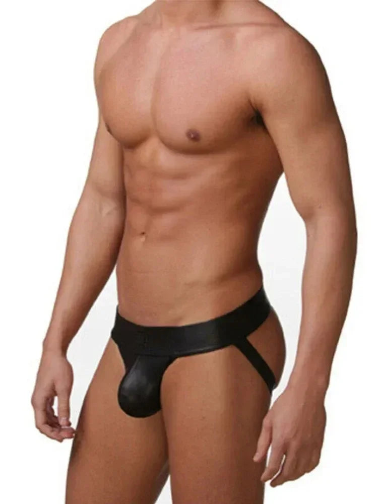 Lencería sexy para hombre, tangas de cuero sintético, suspensorio, tanga, ropa interior erótica, ropa interior masculina atractiva.