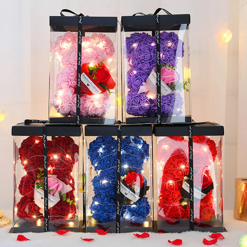 Artificial Flower 25cm Teddy Rose Bear With Box Light Valentine's Day Gift Mom Girlfriend Anniversary Wedding Birthday Decoratio
