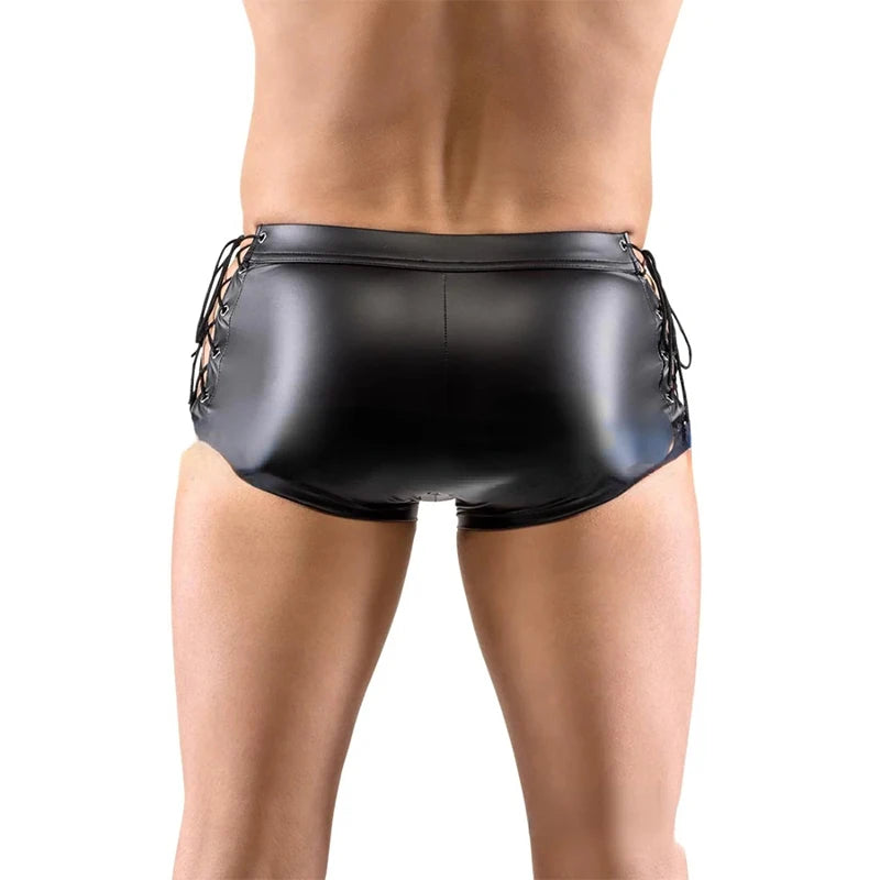Männer Sexy Wet Look PVC Lackleder Glänzende Boxershorts Schnürung Seitlich Fetisch Shorts Hot Pants Tops Unterwäsche Dessous Outfit