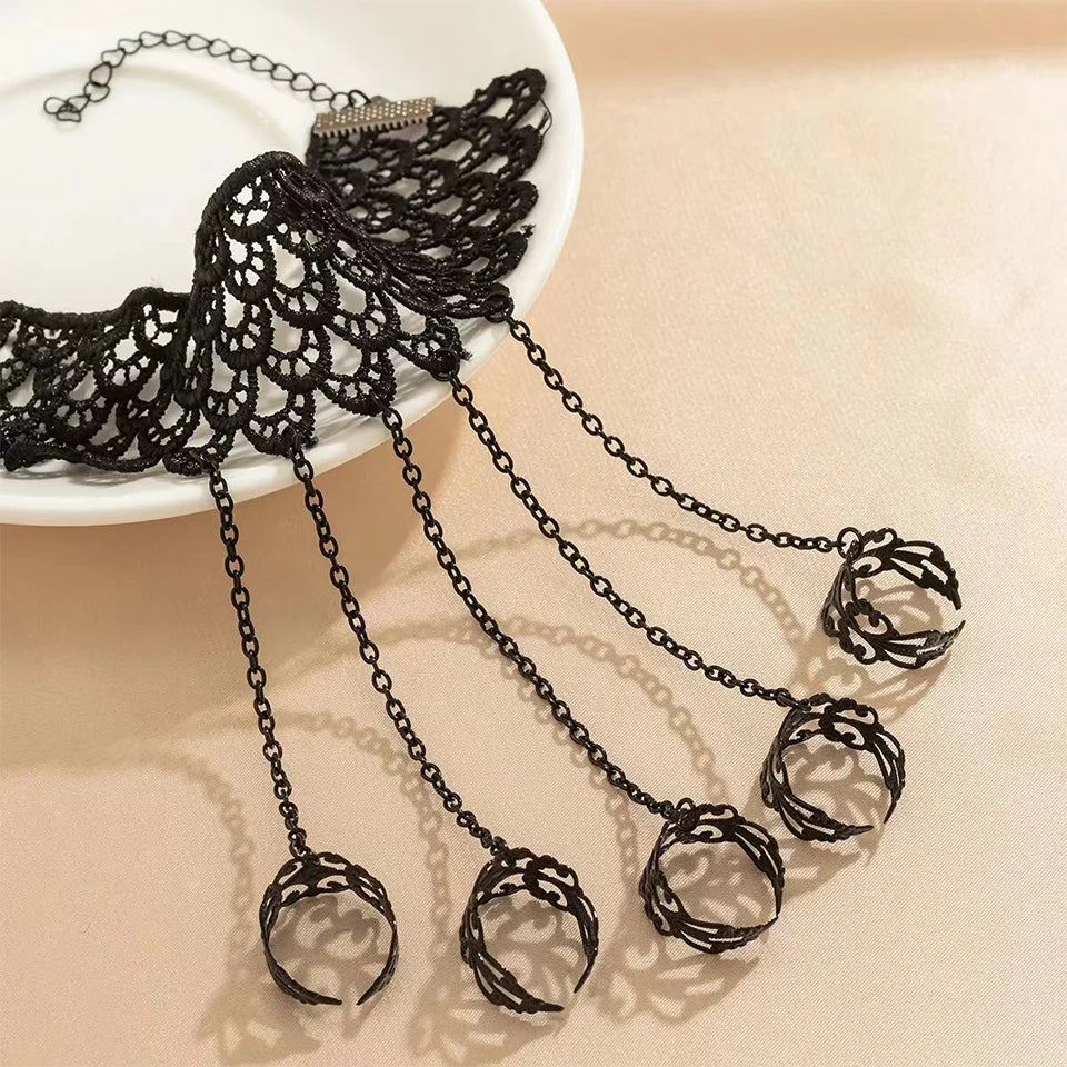 Romantic Vintage  Black Lace Finger Wrist Chain Rings Bracelets Metal Linked Bracelet Gothic Fashion Women's Jewelry