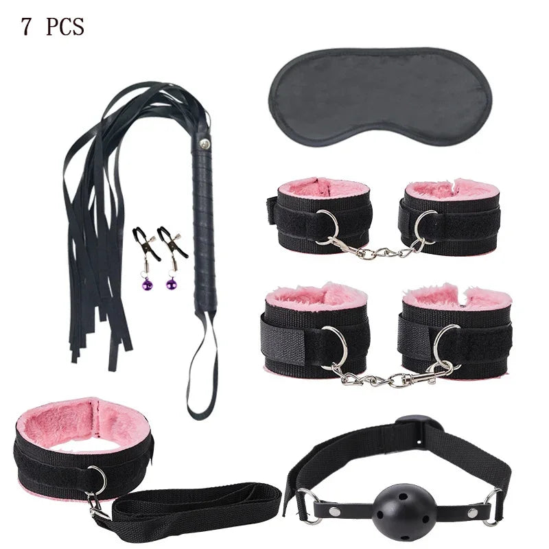 Kits BDSM de cuero sexy para parejas, exóticos, 7 piezas de peluche, juego de bondage sexual, esposas, juegos sexuales, látigo, mordaza, pinzas para pezones, juguetes sexuales.