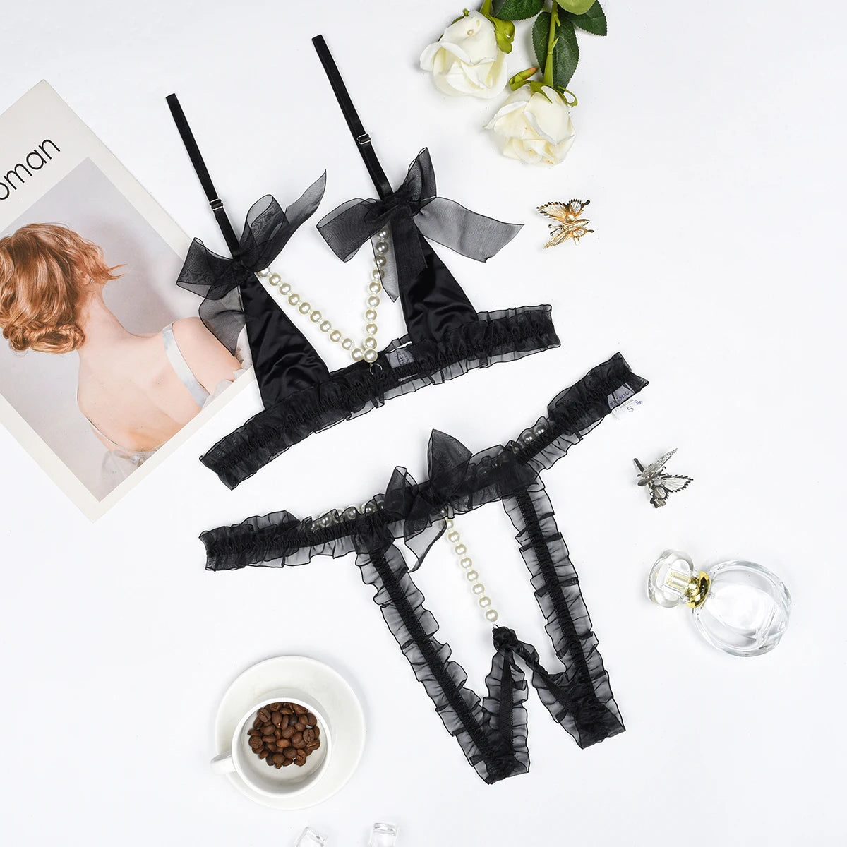 MUZISKAT Haute Sense 2024 Conjunto de lencería erótica con cadena de perlas y encaje de malla para mujer Onlyfans