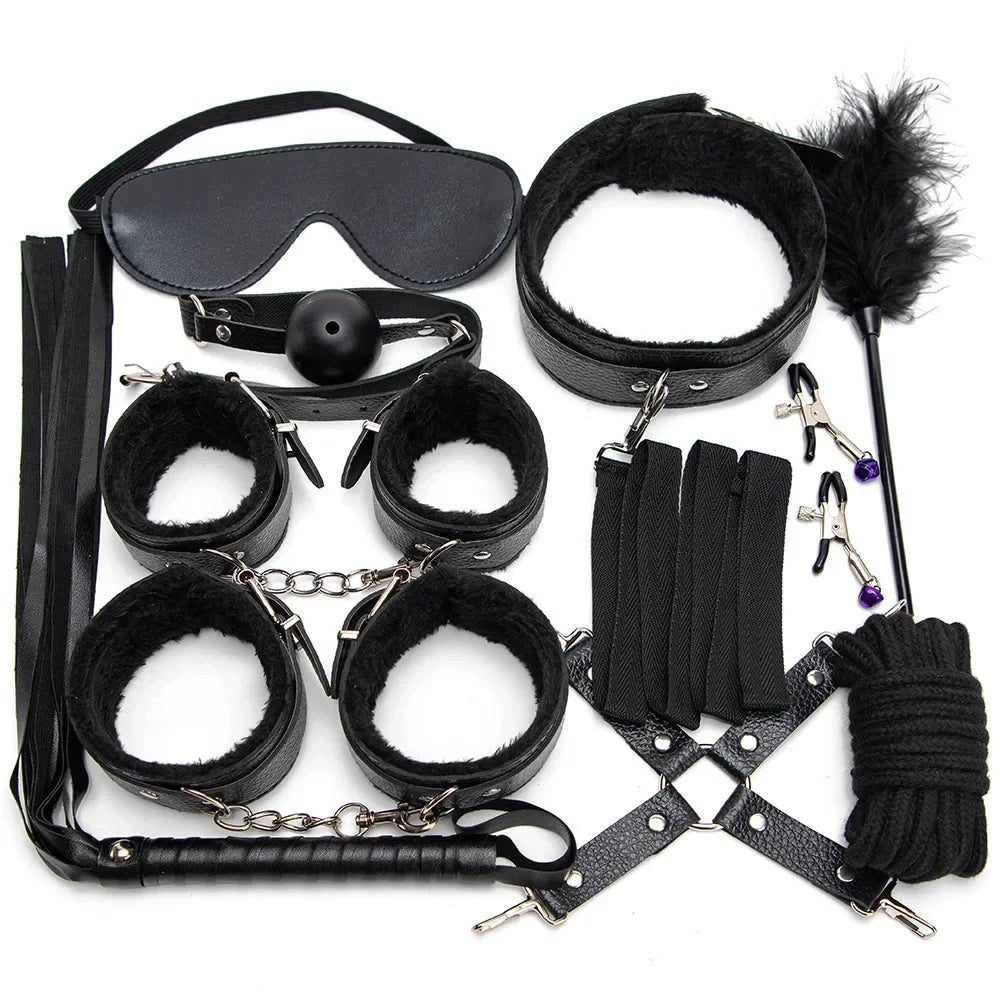 BDSM Kits Sexy Leder Plüsch Sex Bondage Set Handschellen Sex Spiele Peitsche Knebel Nippelklemmen Sex Spielzeug Für Paare Exotisches Zubehör