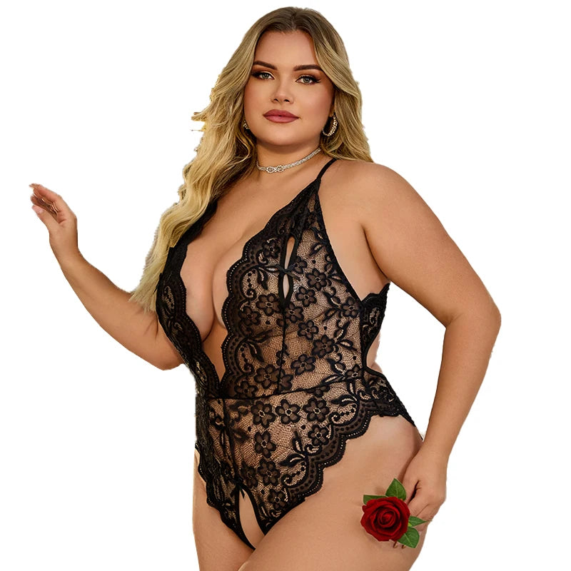 Lencería sexy de verano para mujer, tallas grandes, talla XL-4XL, sin entrepierna, con encaje, atractiva, fetiche erótico, vestido de noche transparente.