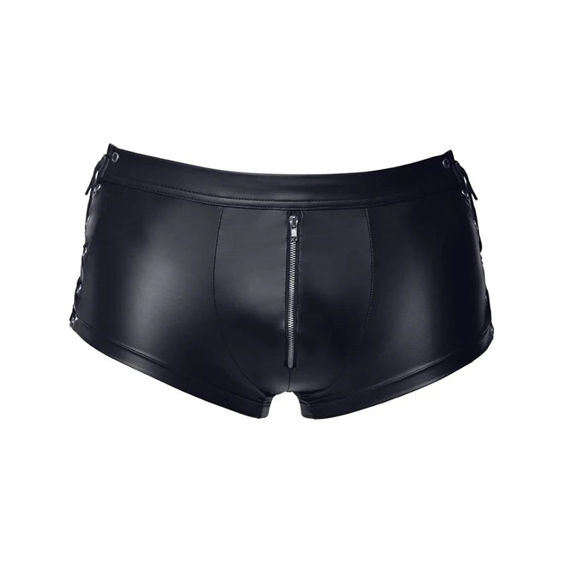 Männer Sexy Wet Look PVC Lackleder Glänzende Boxershorts Schnürung Seitlich Fetisch Shorts Hot Pants Tops Unterwäsche Dessous Outfit