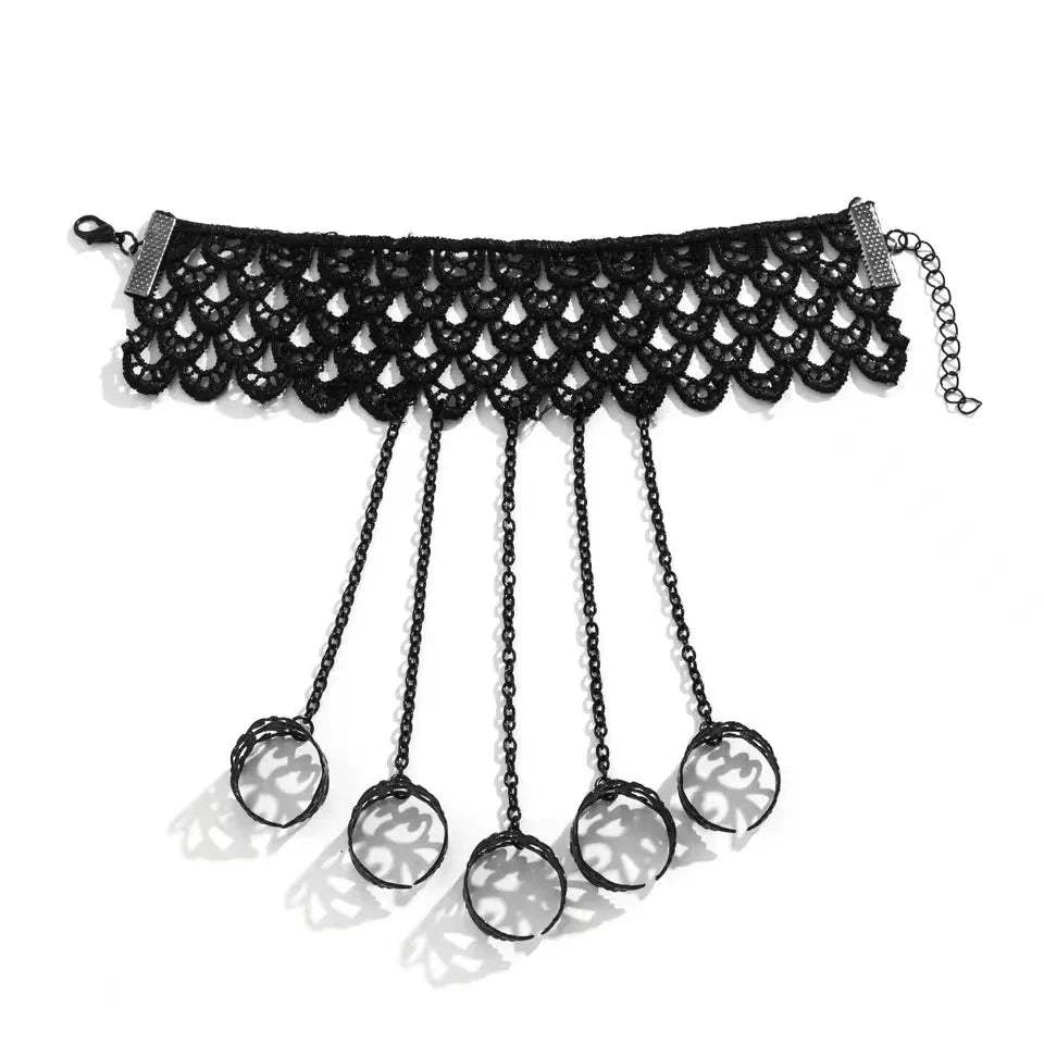 Romantic Vintage  Black Lace Finger Wrist Chain Rings Bracelets Metal Linked Bracelet Gothic Fashion Women's Jewelry