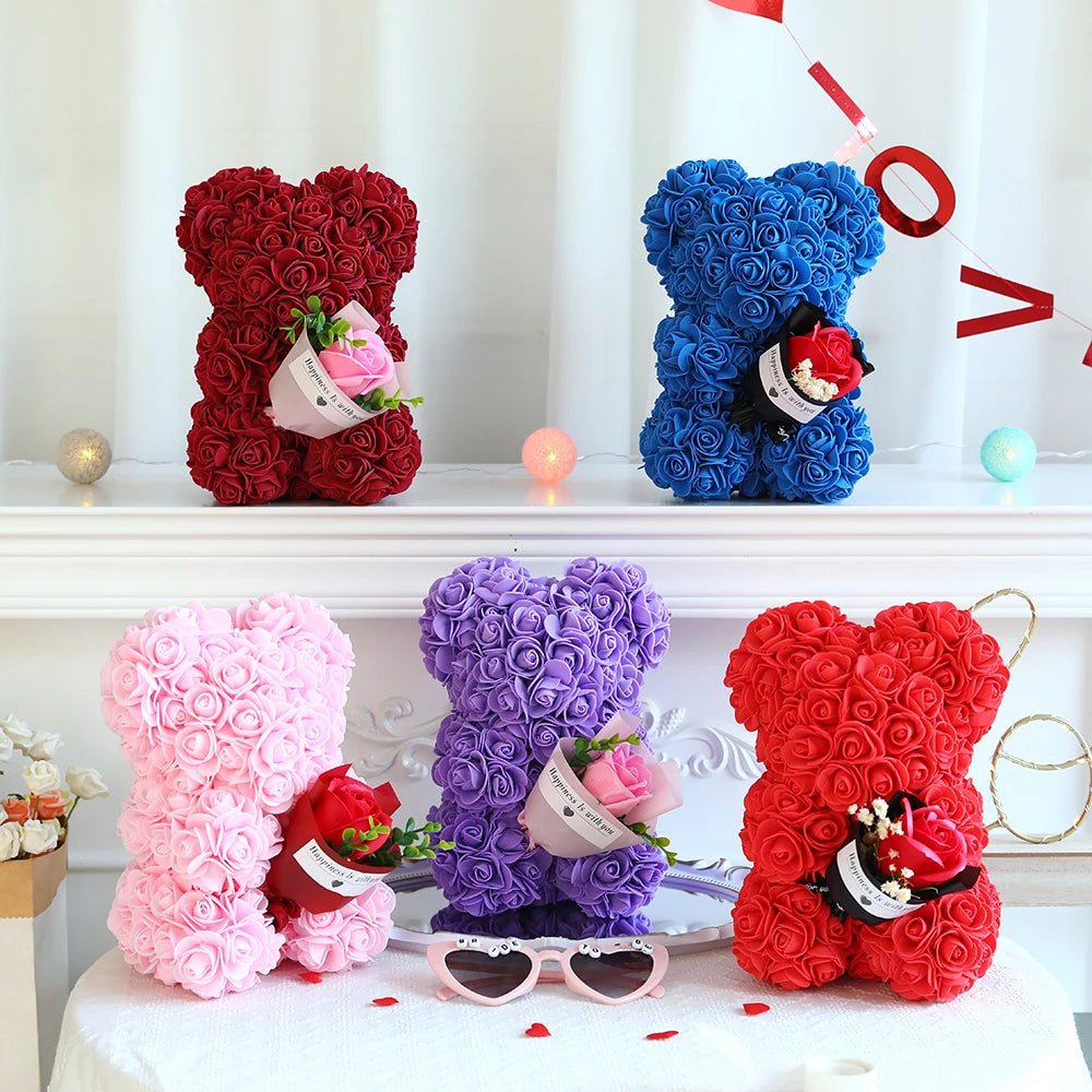 Artificial Flower 25cm Teddy Rose Bear With Box Light Valentine's Day Gift Mom Girlfriend Anniversary Wedding Birthday Decoratio