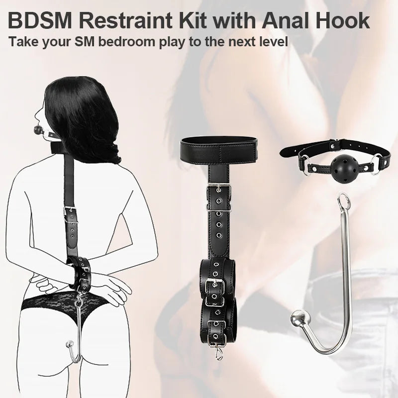 SM Anal Hook Backhand Binding Apertural Plug Porn Metal Bondage Rear Butt Plug Erotic HandCuffs Mouth Gag Adult Sex Toy