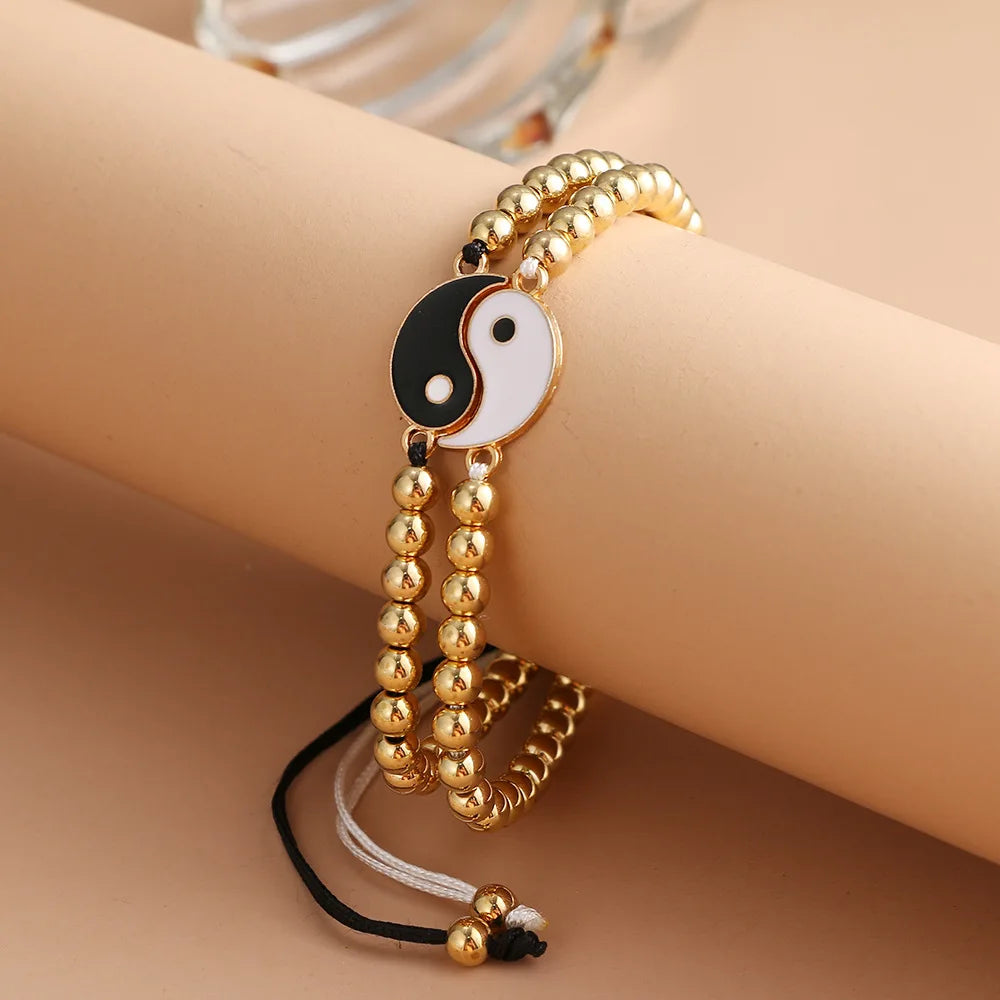 Couple Bracelets Rings Yin Yang Tai Chi Alloy Pendant Adjustable Braid Chain Necklace Matching Lover Bracelet Necklace Earring