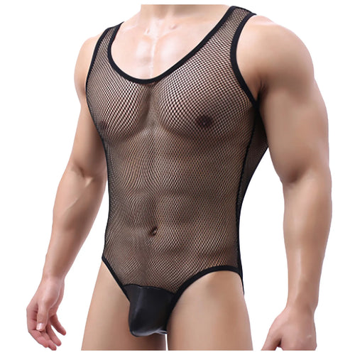 Camisetas interiores sexys para hombre, lencería gay de malla transparente, mono de lucha libre, leotardo, pijama de una pieza, ropa interior transparente