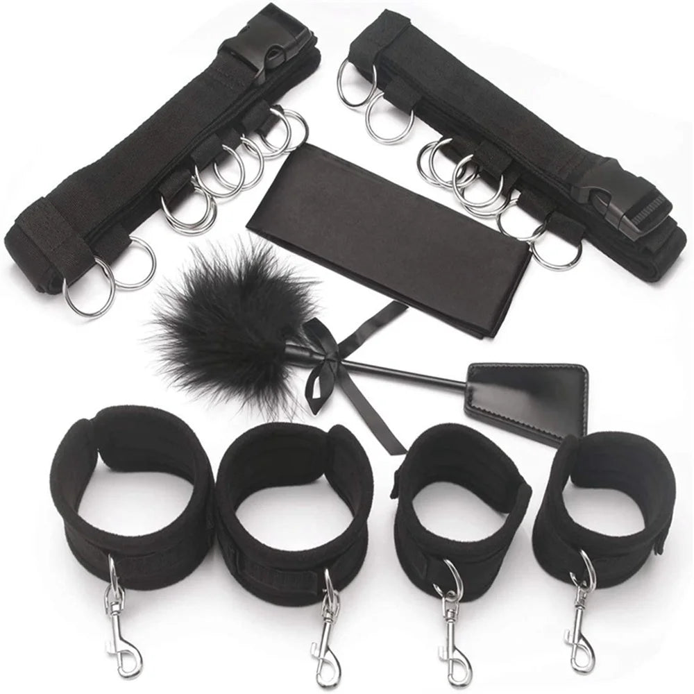 Juego de esposas sexuales BDSM para parejas, kit para adultos, látigo, tapón anal, vibrador, venda para los ojos, arnés, bondage para cama, esposas sexuales sexys