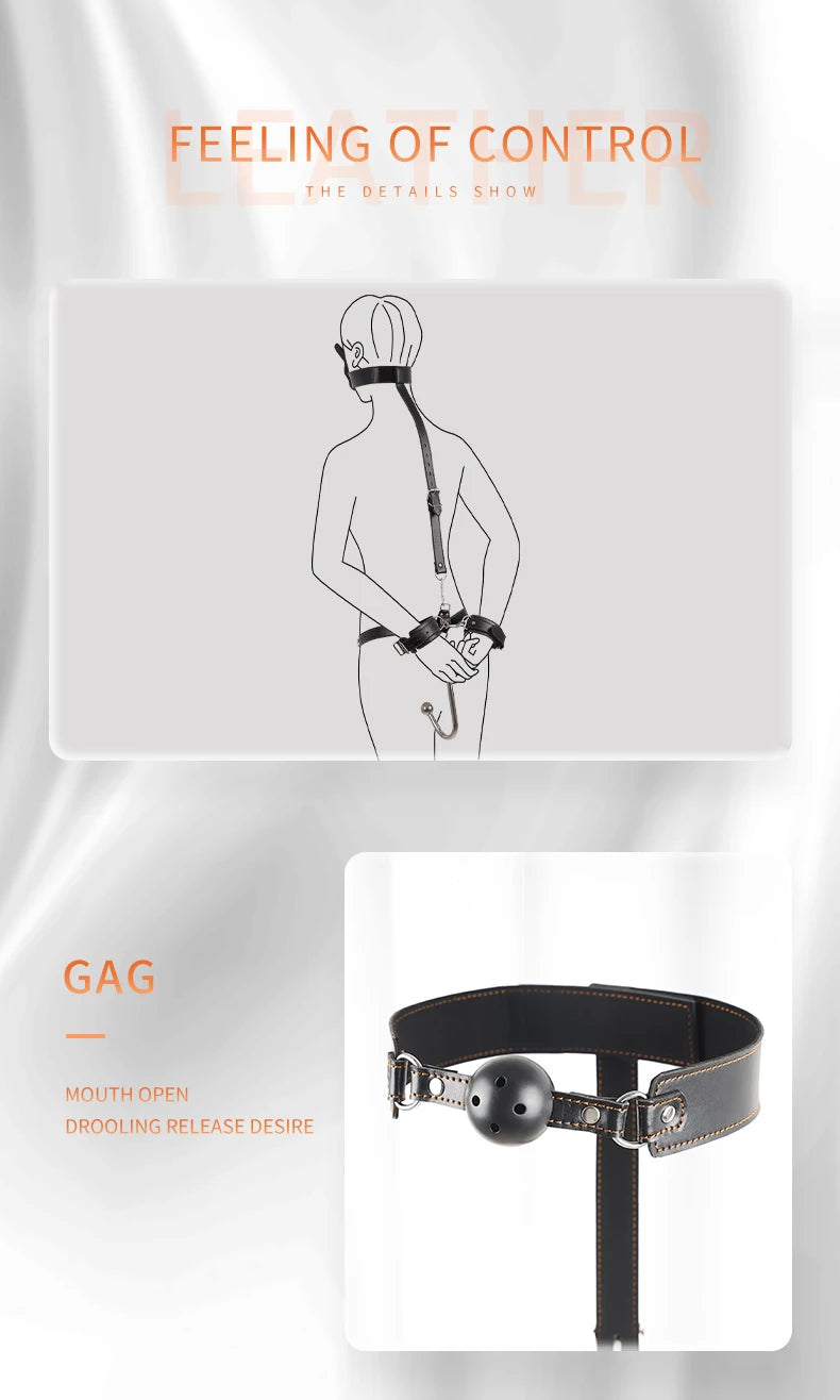 Juego de ganchos anales de cuero BDSM, posición de asistencia sexual, sujeción con gancho de metal, esposas con tapón bucal y cinturón, juguetes sexuales para adultos