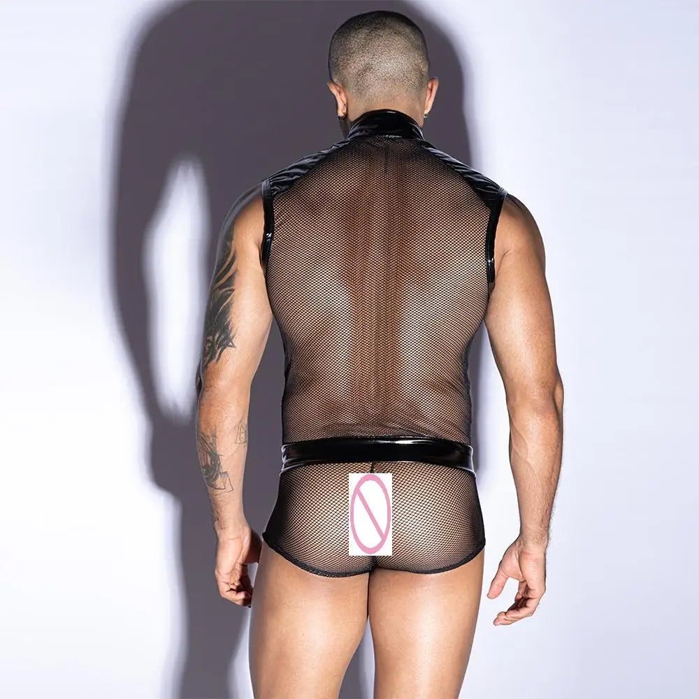 Men's Sexy Mesh See-through Lingerie Underwear Male Hormone PU Costumes Night Club Party Gay Outfit