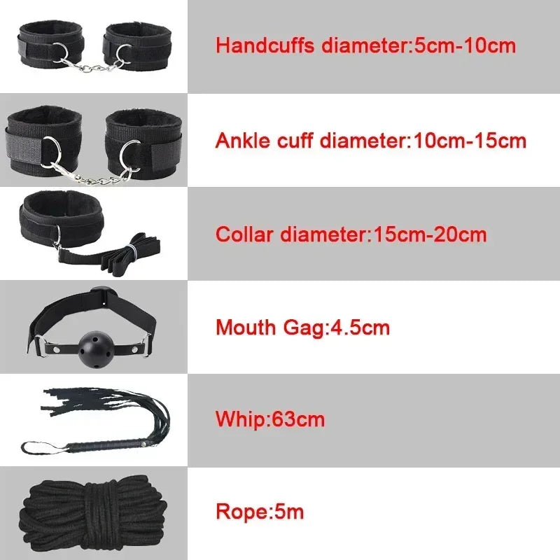 Kits BDSM de cuero sexy para parejas, exóticos, 7 piezas de peluche, juego de bondage sexual, esposas, juegos sexuales, látigo, mordaza, pinzas para pezones, juguetes sexuales.