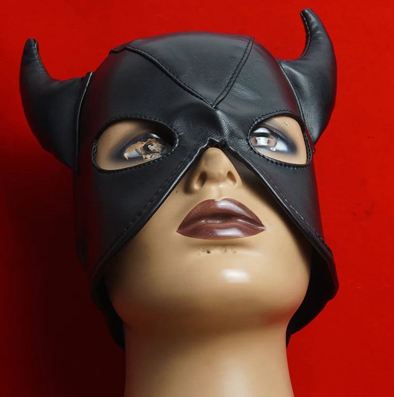 BDSM-Maske aus PU-Leder mit offenen Augen und Mund, Sklavenhaube mit Hörnern, Sexspielzeug für Paare, Bondage, Fesseln, Spiele für Erwachsene, Rollenspiele