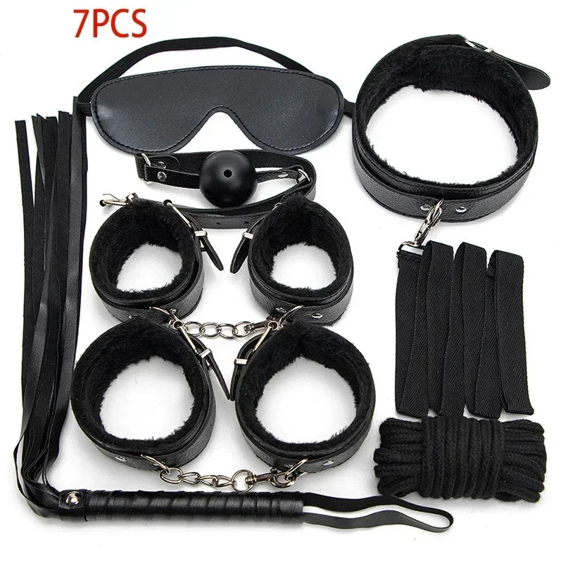 Kits BDSM de cuero sexy para parejas, exóticos, 7 piezas de peluche, juego de bondage sexual, esposas, juegos sexuales, látigo, mordaza, pinzas para pezones, juguetes sexuales.