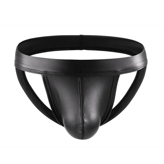 Ropa interior sexy para hombre, suspensorios negros de piel sintética, tangas, lencería erótica, calzoncillos masculinos con forma de pene, Cueca