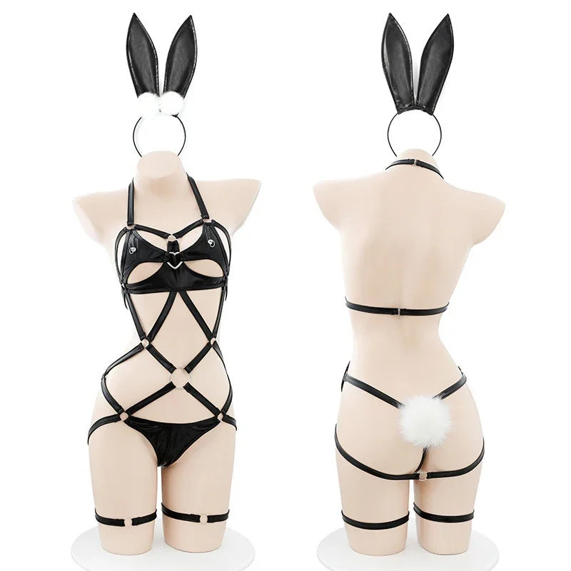 Bdsm PU Leder Bondage Aushöhlen Bodysuit mit Stirnband Erotische Sexy Dessous Frauen Bunny Girl Cosplay Kostüme Uniform