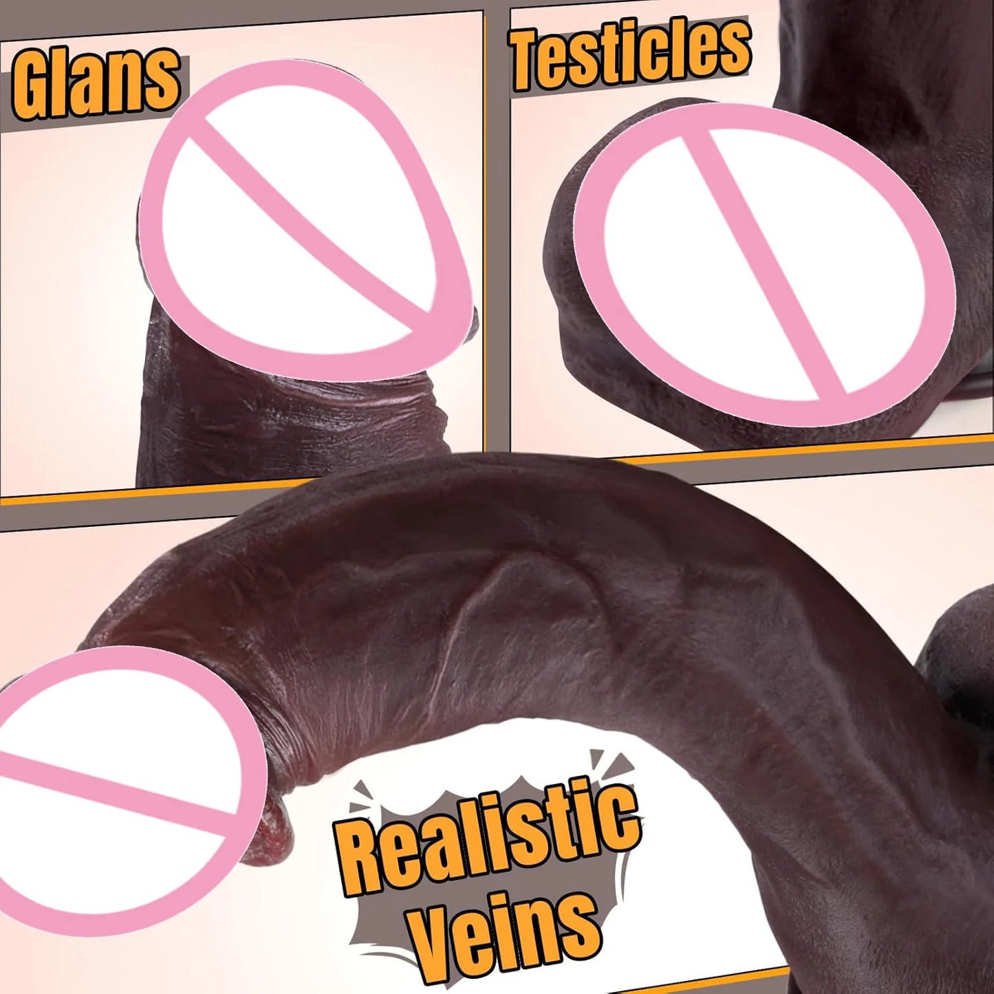 Juguete sexual de consolador negro grande simulado, consolador enorme y grueso con apariencia de piel, con consolador de silicona realista con ventosas