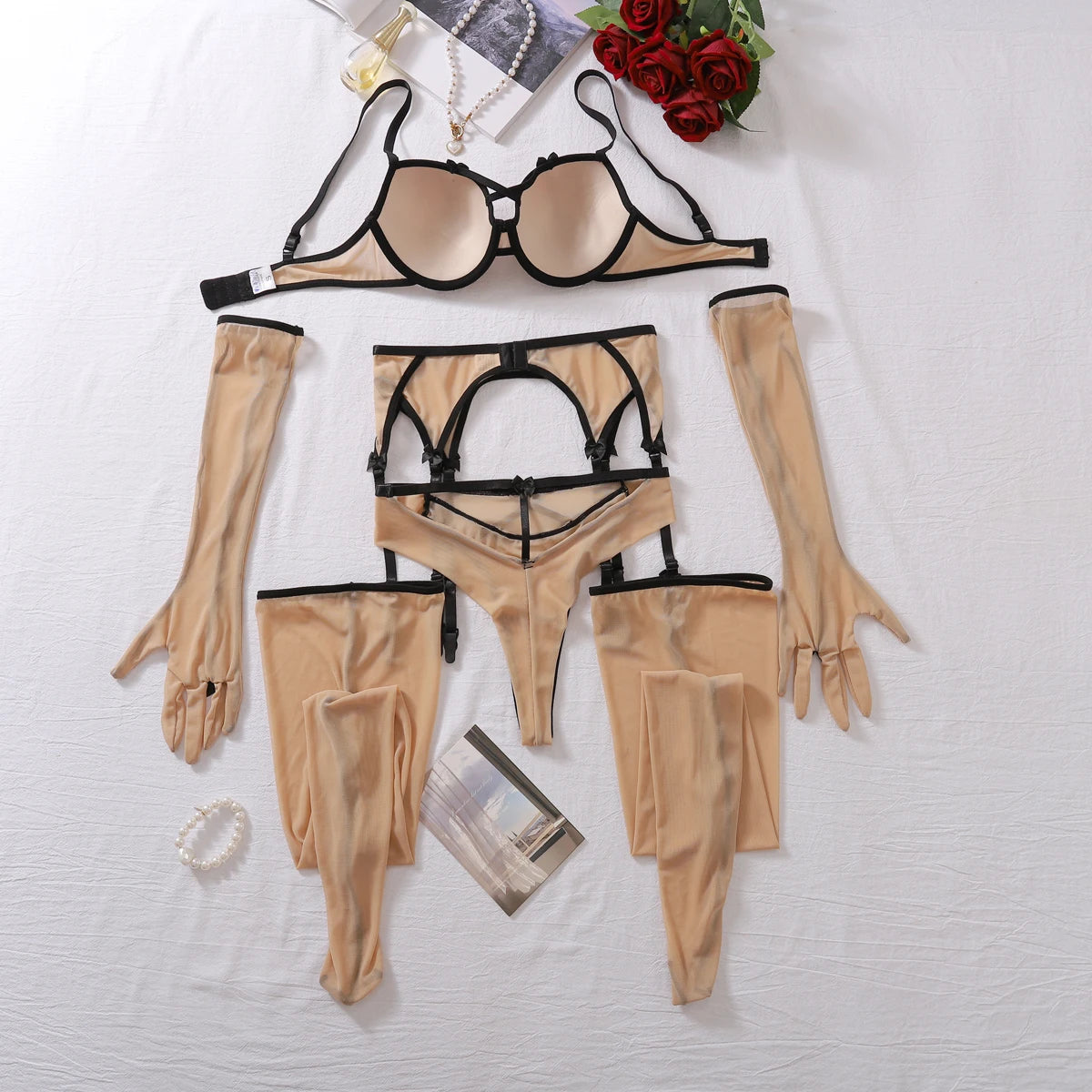 MUZISKAT Exotisches Sexy Luxus-Damen-Erotik-Dessous-Set, Mesh, transparent, rückenfrei, ausgehöhlt, sexy Dessous, fünfteiliges Set