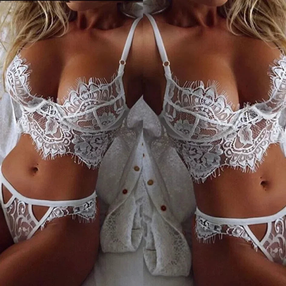 Conjunto de lencería de encaje, ropa interior sexy, sujetador y bragas de encaje con pestañas huecas, ropa interior blanca y negra para mujer de talla grande