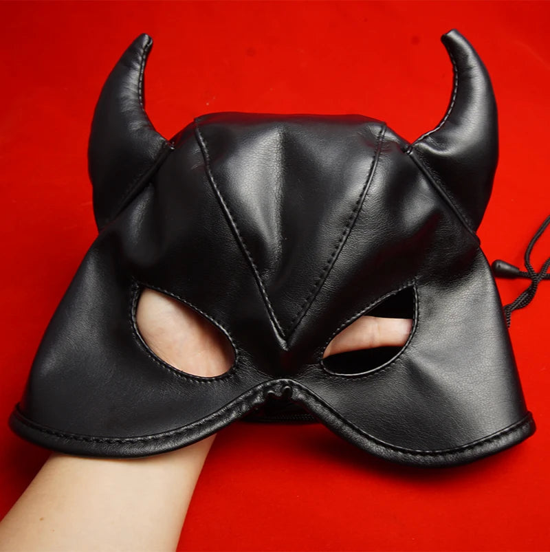 BDSM-Maske aus PU-Leder mit offenen Augen und Mund, Sklavenhaube mit Hörnern, Sexspielzeug für Paare, Bondage, Fesseln, Spiele für Erwachsene, Rollenspiele