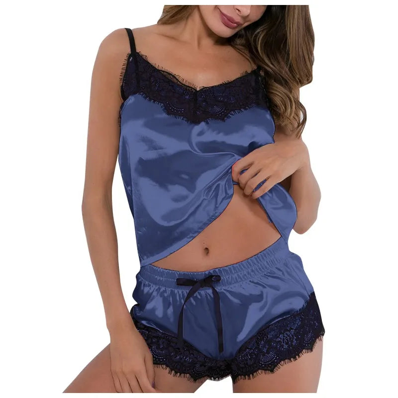 Lencería sexy de encaje de seda artificial para mujer, conjunto de pantalones cortos cómodos, ropa de dormir, conjuntos de lencería sexy, pijamas finos