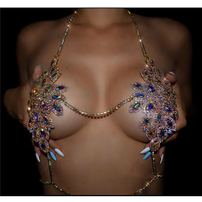 Conjunto de joyería corporal sexy de moda, sujetador con cadena de diamantes de imitación y tanga, conjunto de arnés brillante, cadena para el pecho y bragas, cadena de lencería con flores.