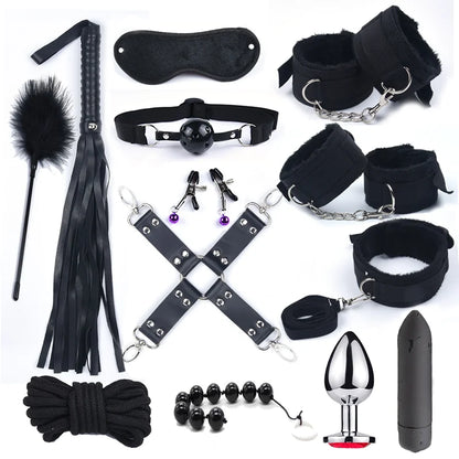Vibrador BDSM de 10 velocidades, juego de bondage, juguetes sexuales de metal para mujeres y hombres, esposas, pinzas para pezones, látigo, cuerda para azotes.
