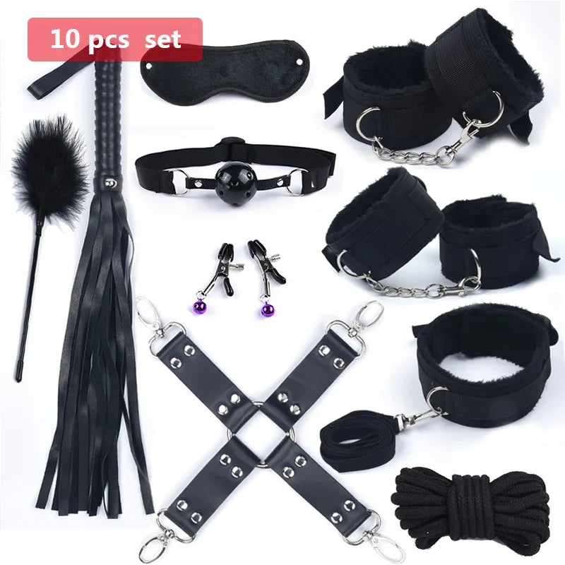 Vibrador BDSM de 10 velocidades, juego de bondage, juguetes sexuales de metal para mujeres y hombres, esposas, pinzas para pezones, látigo, cuerda para azotes.