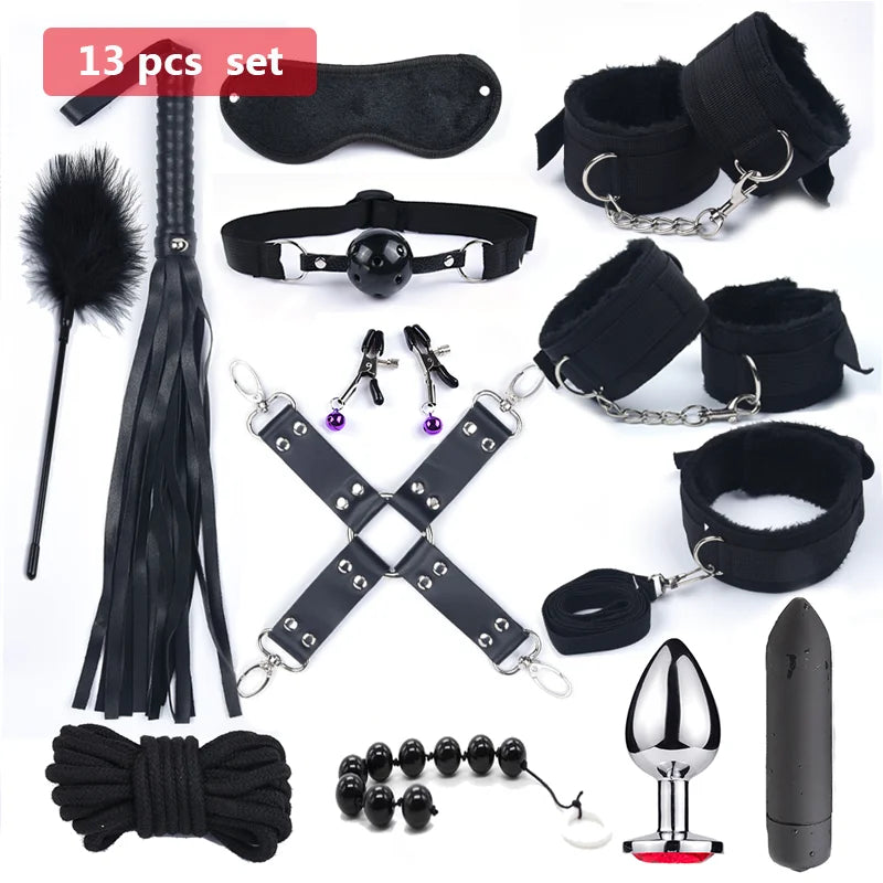 Vibrador BDSM de 10 velocidades, juego de bondage, juguetes sexuales de metal para mujeres y hombres, esposas, pinzas para pezones, látigo, cuerda para azotes.