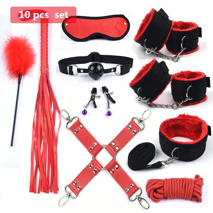 Vibrador BDSM de 10 velocidades, juego de bondage, juguetes sexuales de metal para mujeres y hombres, esposas, pinzas para pezones, látigo, cuerda para azotes.