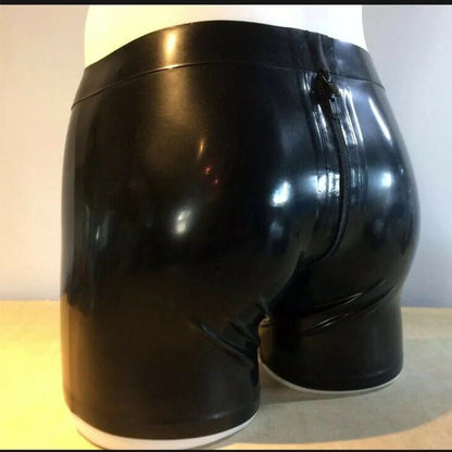 NUEVA lencería sexy hecha a mano de látex negro para hombre, pantalones cortos, ropa interior con agujero en la entrepierna delantera, pieza con cremallera trasera, fetiche cekc Zentai