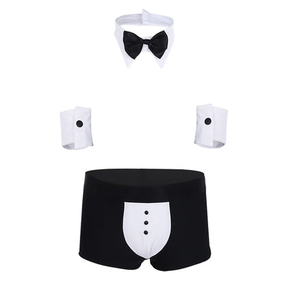 Conjunto de lencería de esmoquin para hombre, disfraz de sirvienta sexy, tanga, calzoncillos tipo bóxer con cuello y puños de pajarita, ropa de club