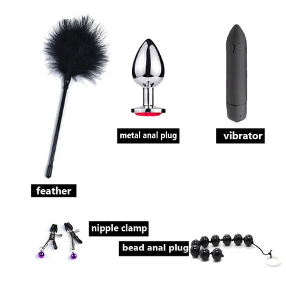 Vibrador BDSM de 10 velocidades, juego de bondage, juguetes sexuales de metal para mujeres y hombres, esposas, pinzas para pezones, látigo, cuerda para azotes.