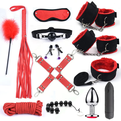 Vibrador BDSM de 10 velocidades, juego de bondage, juguetes sexuales de metal para mujeres y hombres, esposas, pinzas para pezones, látigo, cuerda para azotes.