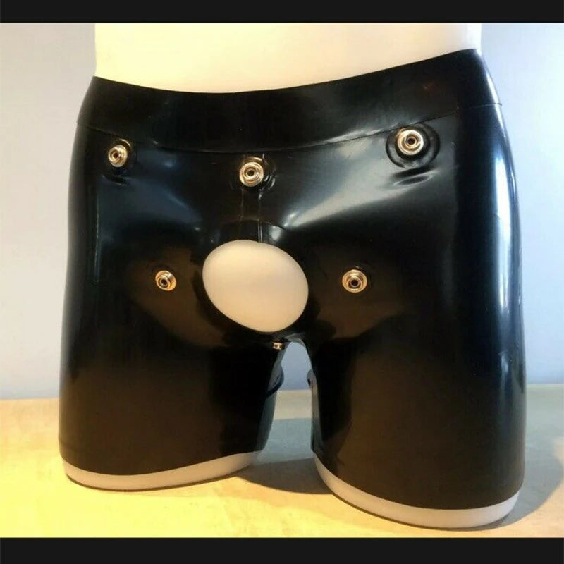 NUEVA lencería sexy hecha a mano de látex negro para hombre, pantalones cortos, ropa interior con agujero en la entrepierna delantera, pieza con cremallera trasera, fetiche cekc Zentai