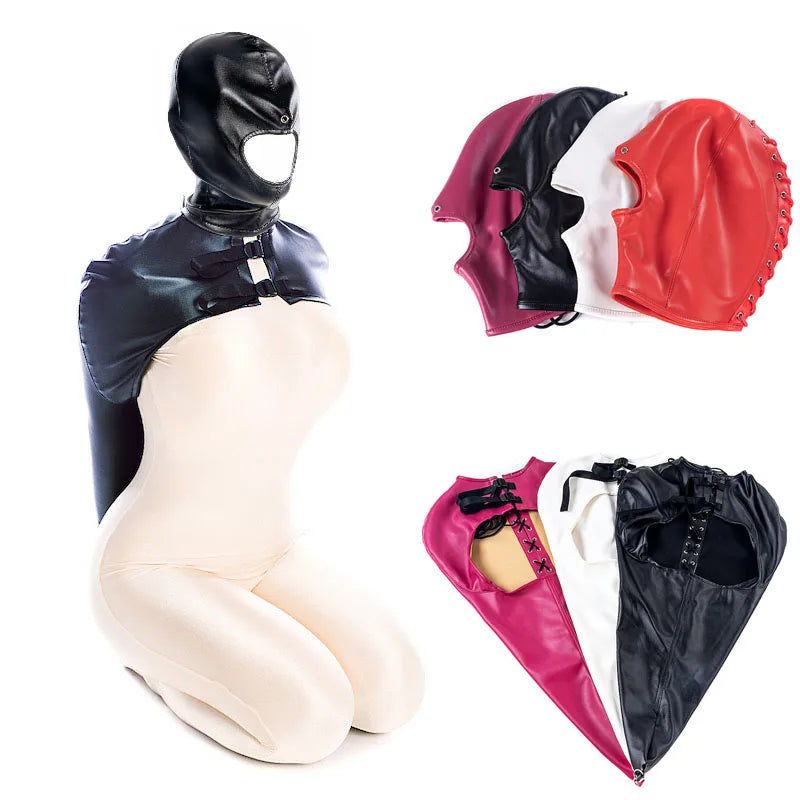 BDSM-Armbinder aus Leder, Zwangsjacke hinter dem Rücken, SM-Bondage-Handschuh, Sklavenhaubenmaske mit offenem Mund, Cosplay-Sexspielzeug für Erwachsene