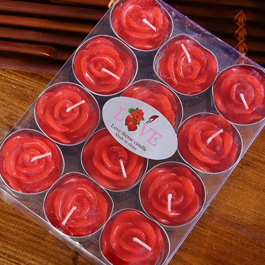 Velas románticas con forma de rosa, velas de té, decoración del hogar, bodas, fiestas de cumpleaños y Navidad (juego de 12 unidades)