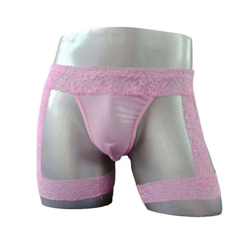 Lencería sexy para él, tanga de encaje estilo liguero, ropa interior con tanga transparente debajo de los pantalones, ropa interior de fantasía para hombres