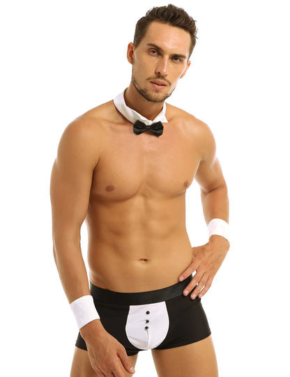 Conjunto de lencería de esmoquin para hombre, disfraz de sirvienta sexy, tanga, calzoncillos tipo bóxer con cuello y puños de pajarita, ropa de club