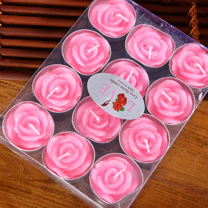 Velas románticas con forma de rosa, velas de té, decoración del hogar, bodas, fiestas de cumpleaños y Navidad (juego de 12 unidades)