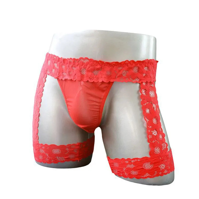 Lencería sexy para él, tanga de encaje estilo liguero, ropa interior con tanga transparente debajo de los pantalones, ropa interior de fantasía para hombres
