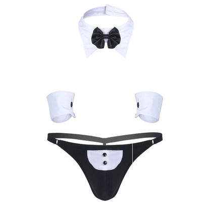 Conjunto de lencería de esmoquin para hombre, disfraz de sirvienta sexy, tanga, calzoncillos tipo bóxer con cuello y puños de pajarita, ropa de club