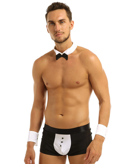 Conjunto de lencería de esmoquin para hombre, disfraz de sirvienta sexy, tanga, calzoncillos tipo bóxer con cuello y puños de pajarita, ropa de club